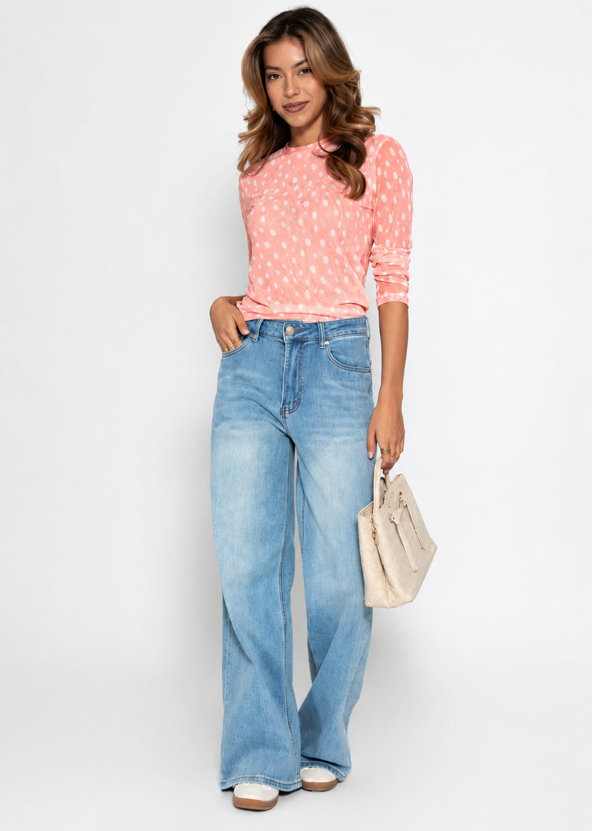 Getupftes Mesh Shirt mit Rundhals - rosa
