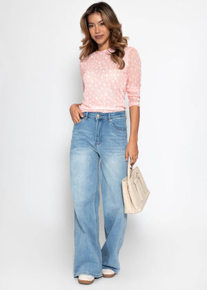 Getupftes Mesh Shirt mit Rundhals - rosa