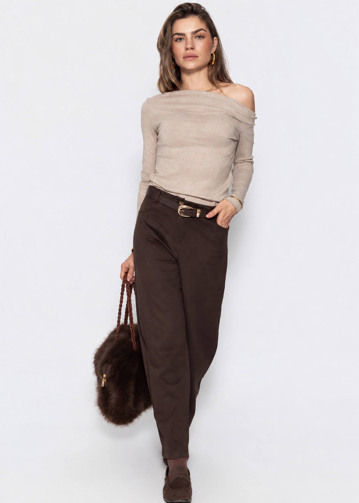Glitzershirt mit asymmetrischem Ausschnitt - beige
