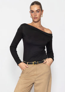Glitter top with asymmetric neckline - black
