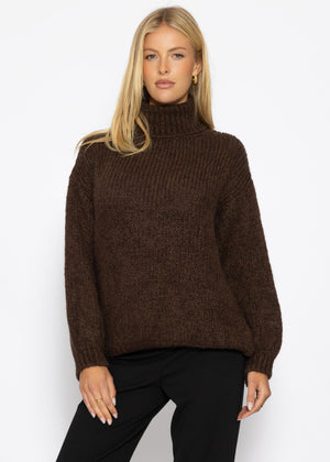 Grober Strickpullover mit Rollkragen - dunkelbraun