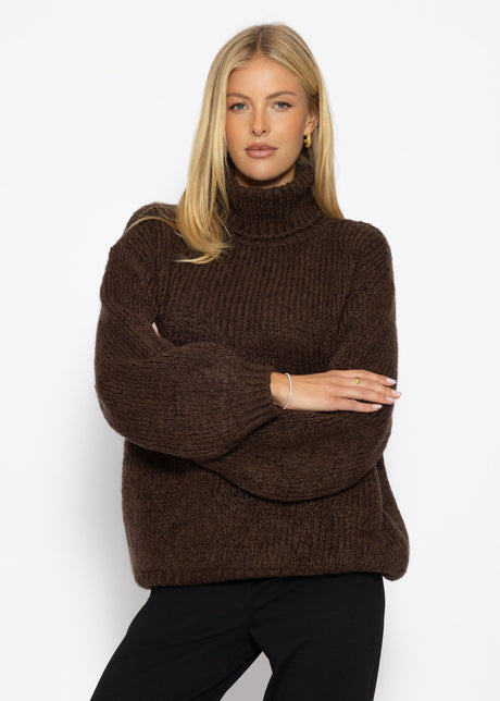 Grober Strickpullover mit Rollkragen - dunkelbraun