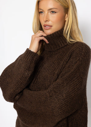 Grober Strickpullover mit Rollkragen - dunkelbraun