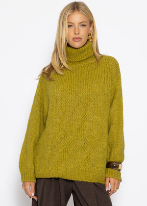Grober Strickpullover mit Rollkragen - olivgrün