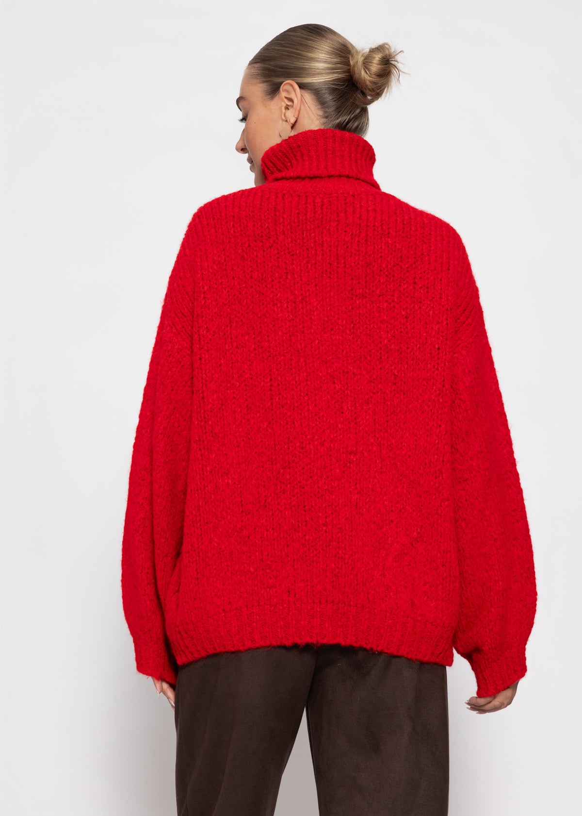 Grober Strickpullover mit Rollkragen - rot