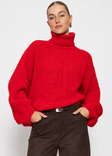 Grober Strickpullover mit Rollkragen - rot