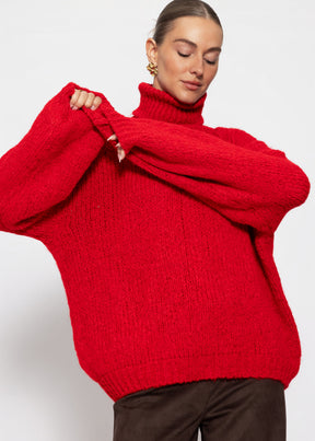 Grober Strickpullover mit Rollkragen - rot