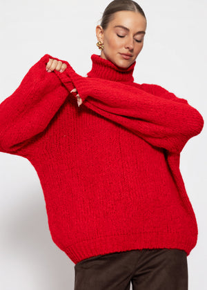 Grober Strickpullover mit Rollkragen - rot