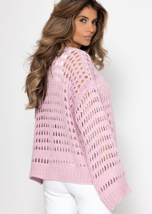 Casual cardigan with lace pattern - pink