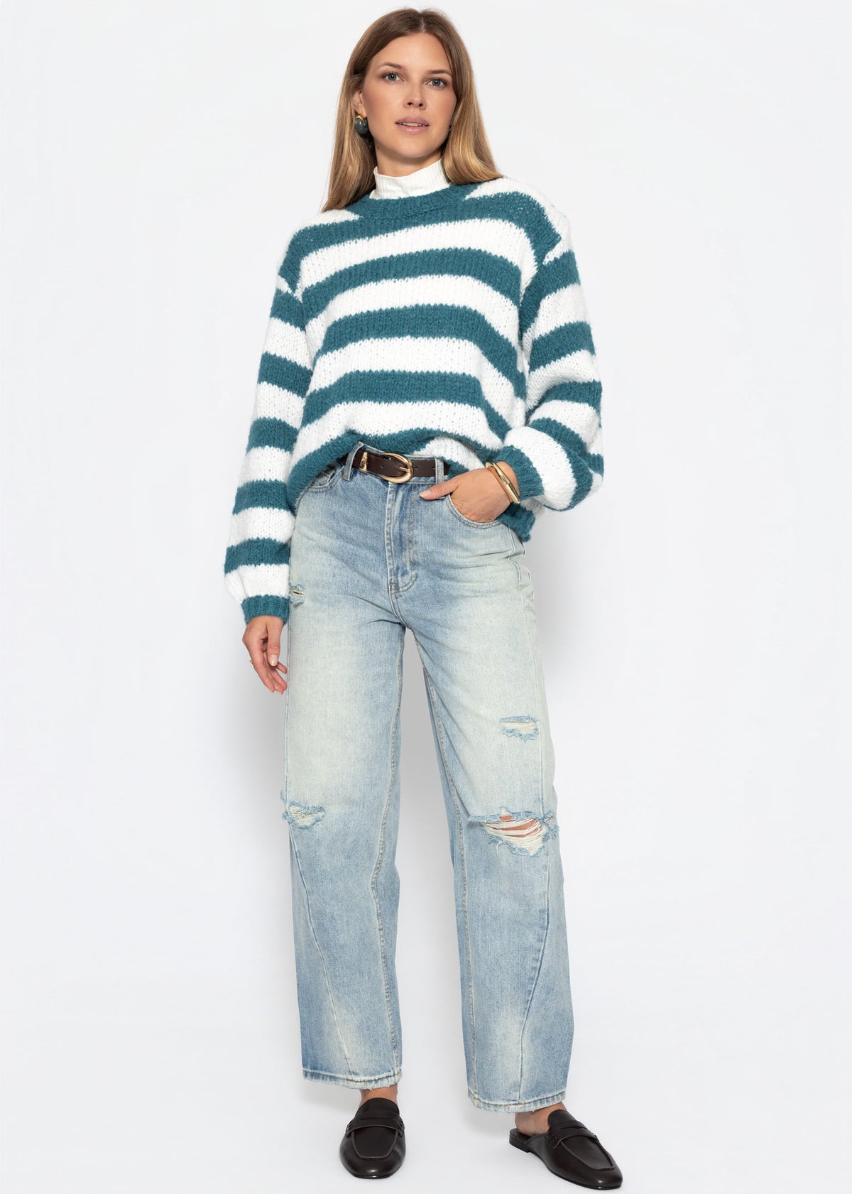 Grobstrickpullover - petrol-offwhite