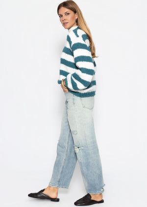 Grobstrickpullover - petrol-offwhite