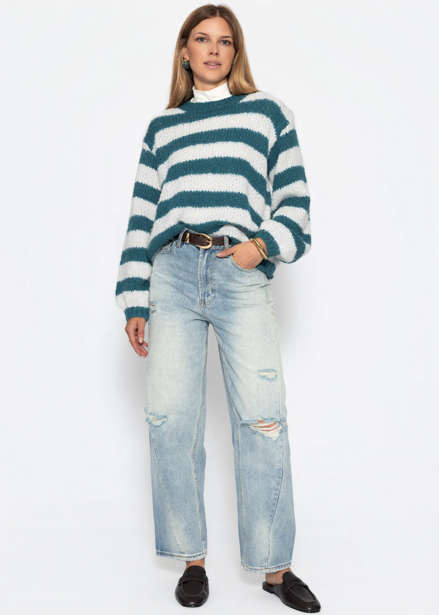 Gestreifter Grobstrickpullover - petrol-offwhite