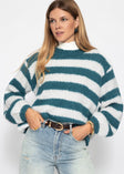Gestreifter Grobstrickpullover - petrol-offwhite