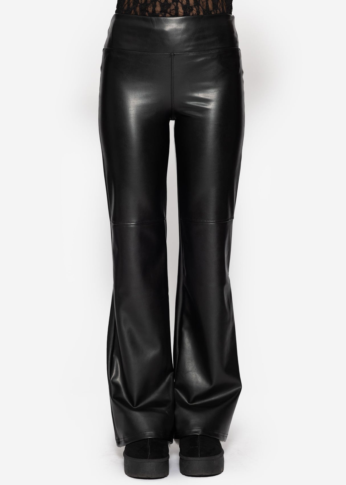 High-Rise Flared Thermo Kunstleder Leggings mit breitem Bund - schwarz