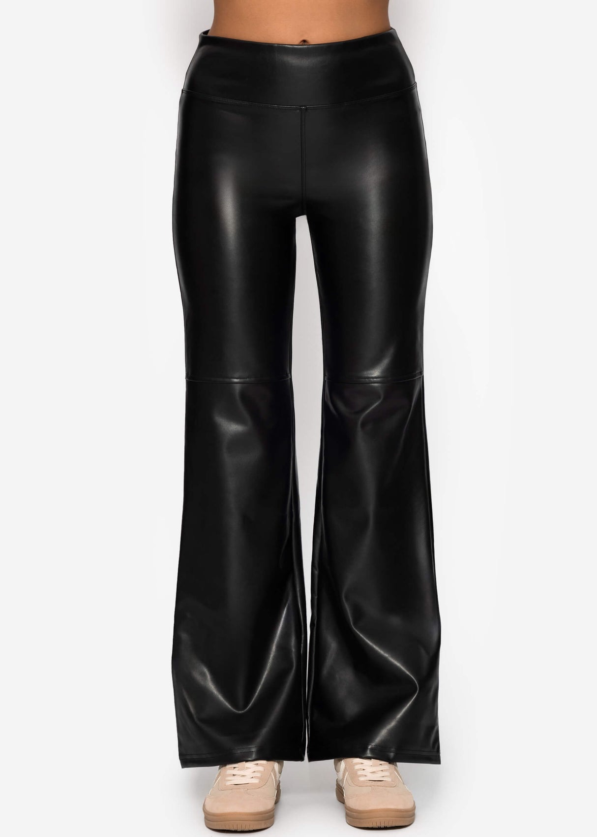 High-Rise Flared Thermo Kunstleder Leggings mit breitem Bund - schwarz