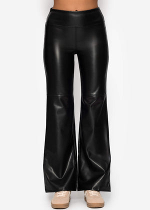 High-Rise Flared Thermo Kunstleder Leggings mit breitem Bund - schwarz