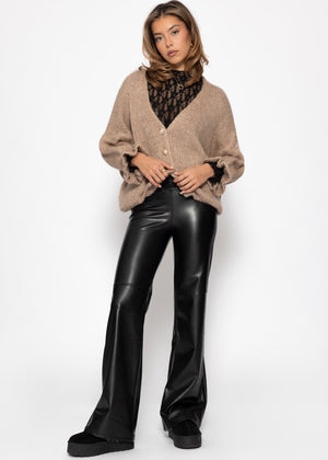 High-Rise Flared Thermo Kunstleder Leggings mit breitem Bund - schwarz