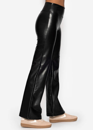 High-Rise Flared Thermo Kunstleder Leggings mit breitem Bund - schwarz