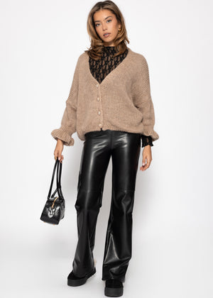 High-Rise Flared Thermo Kunstleder Leggings mit breitem Bund - schwarz