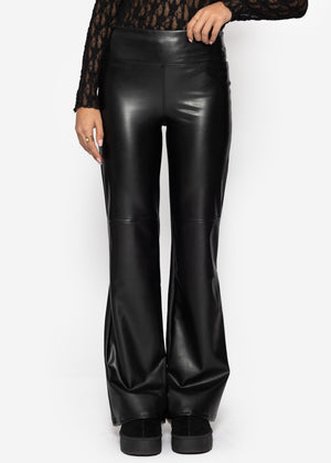 High-Rise Flared Thermo Kunstleder Leggings mit breitem Bund - schwarz