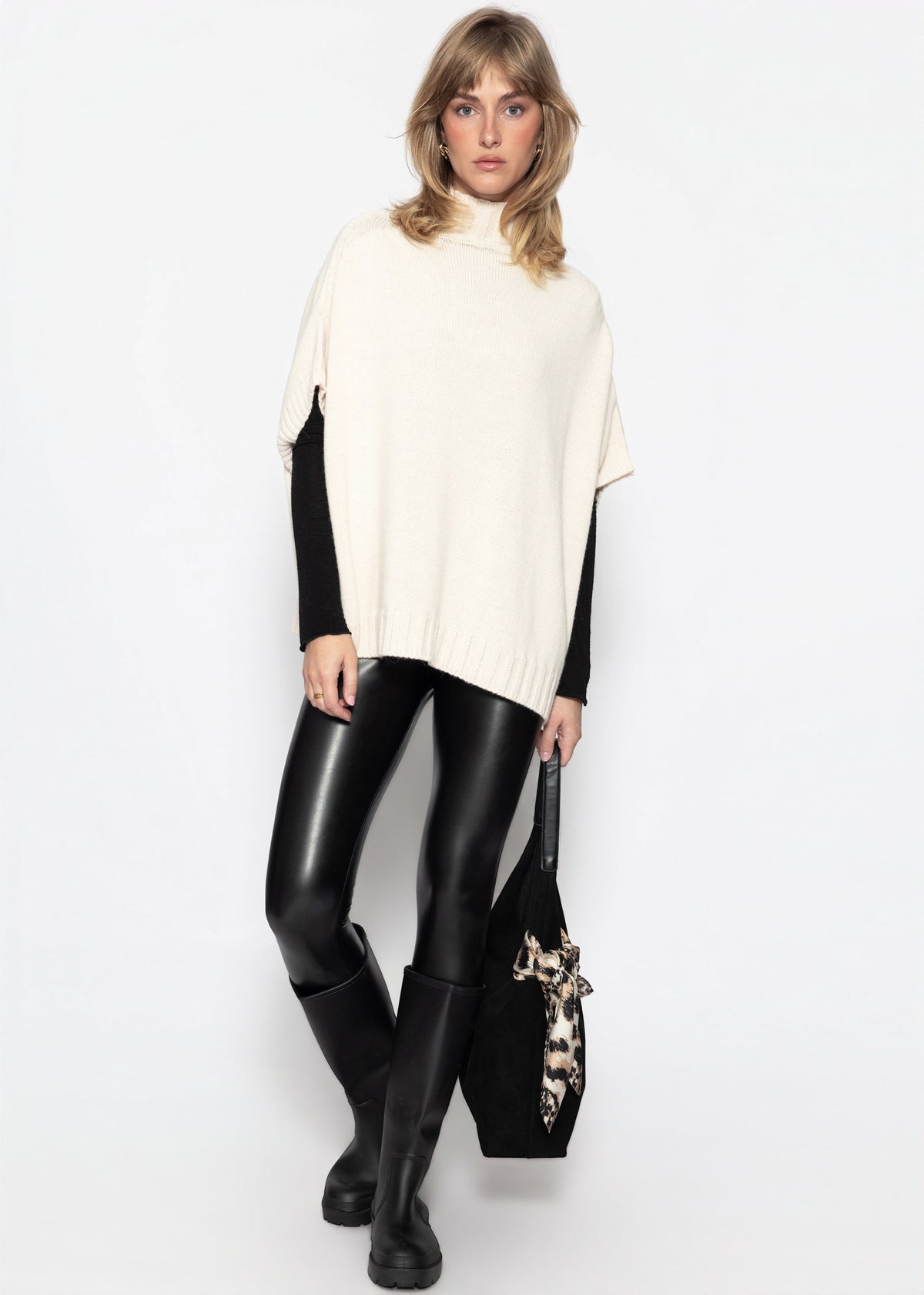 High-Rise Lederleggings mit breitem Bund - schwarz
