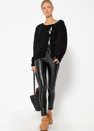High-rise thermal faux leather leggings with piping - black