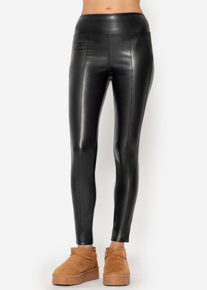 High-rise thermal faux leather leggings with piping - black