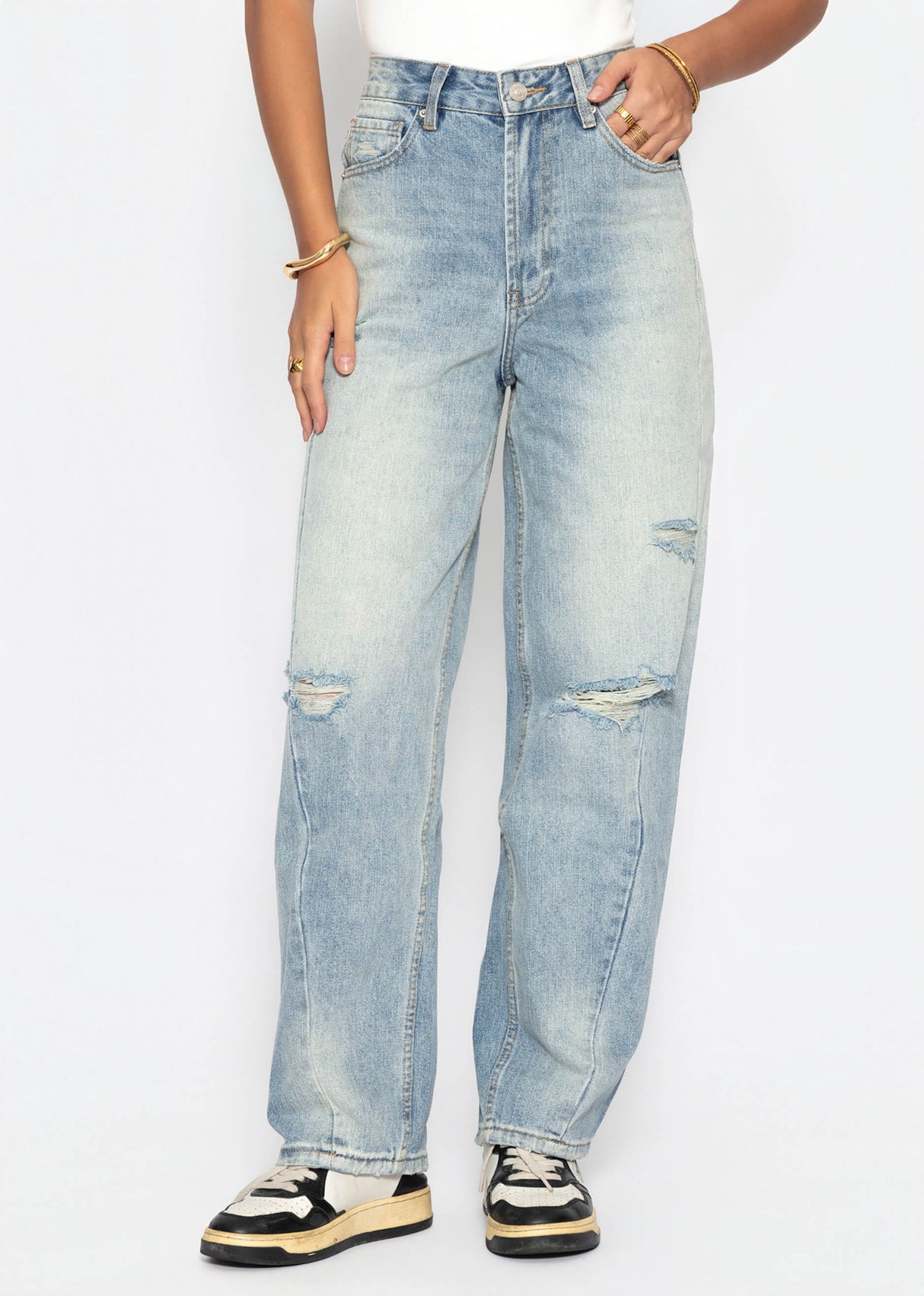 High Waist Jeans im Destroyed-Look - blau