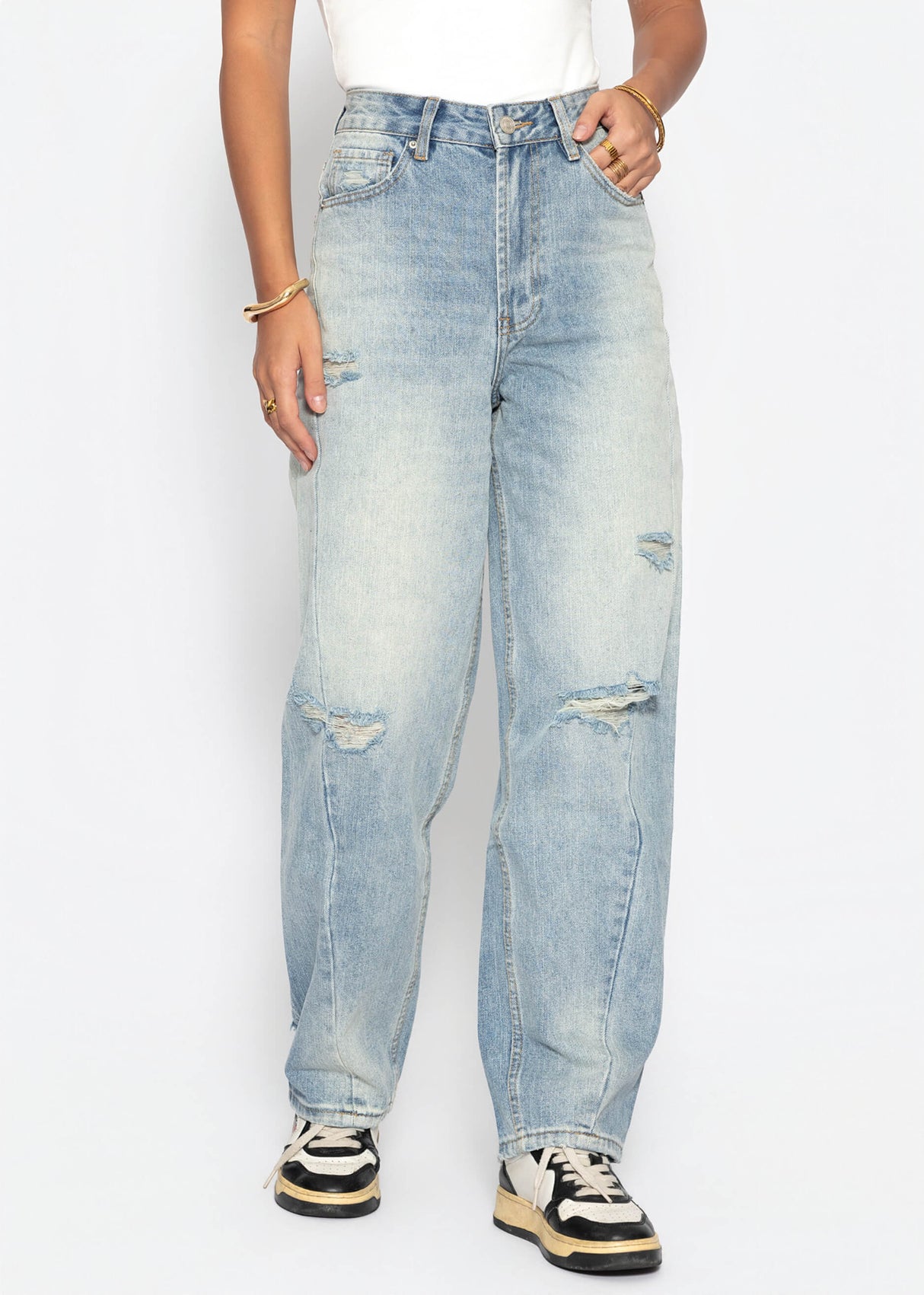 High Waist Jeans im Destroyed-Look - blau
