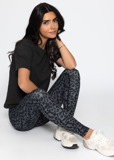 High Waist Sportleggings mit Leo-Print - grau