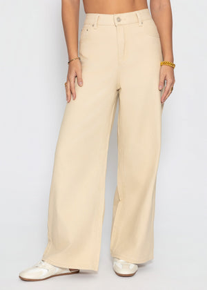Highwaist Baumwoll-Hose mit weitem Bein - beige