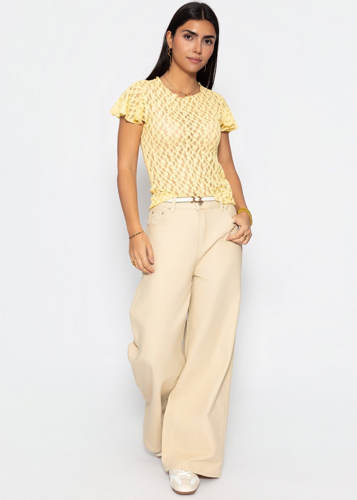 Highwaist Baumwoll-Hose mit weitem Bein - beige