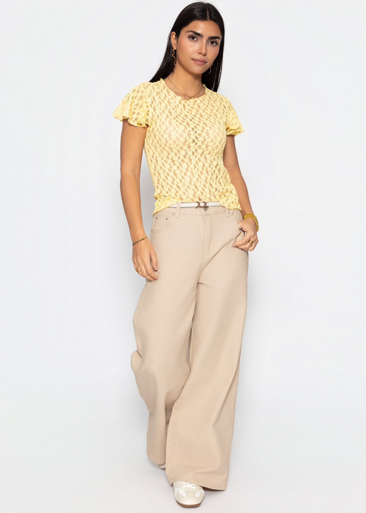 Highwaist Baumwoll-Hose mit weitem Bein - beige
