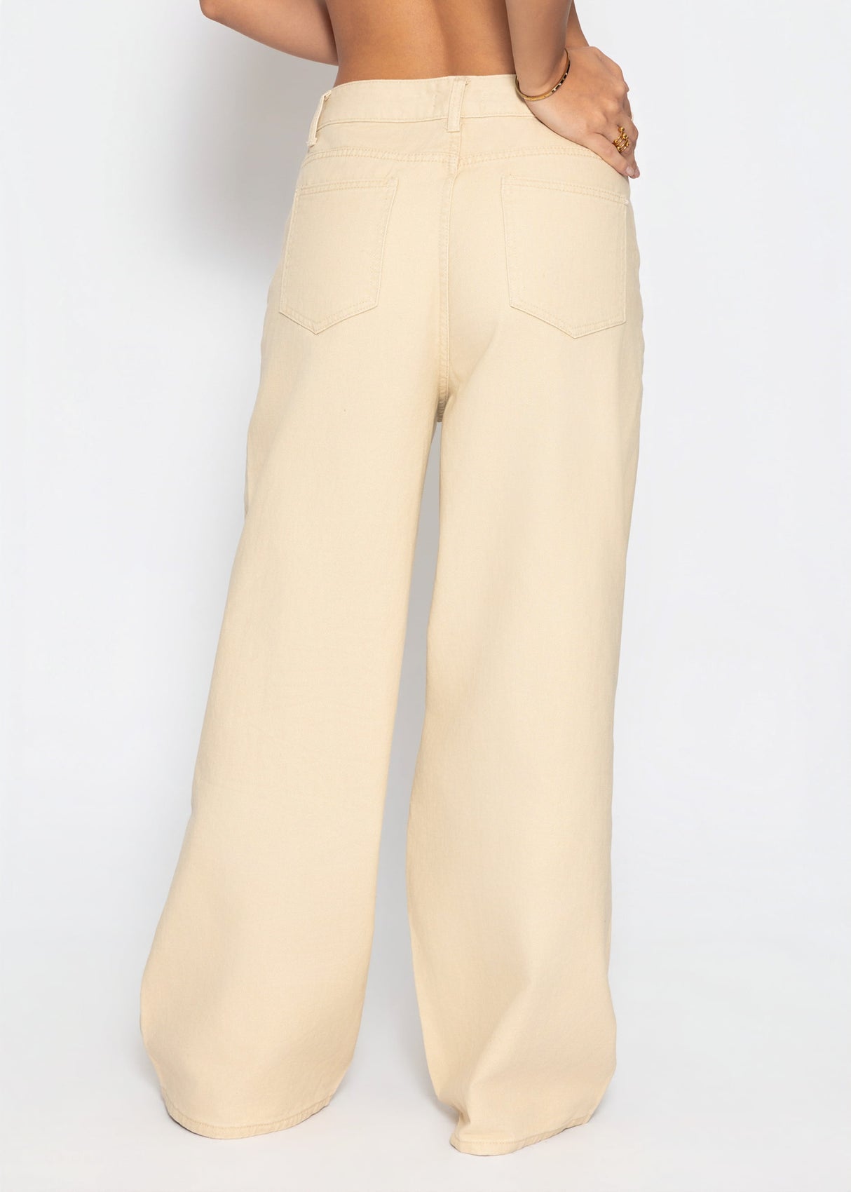 Highwaist Baumwoll-Hose mit weitem Bein - beige