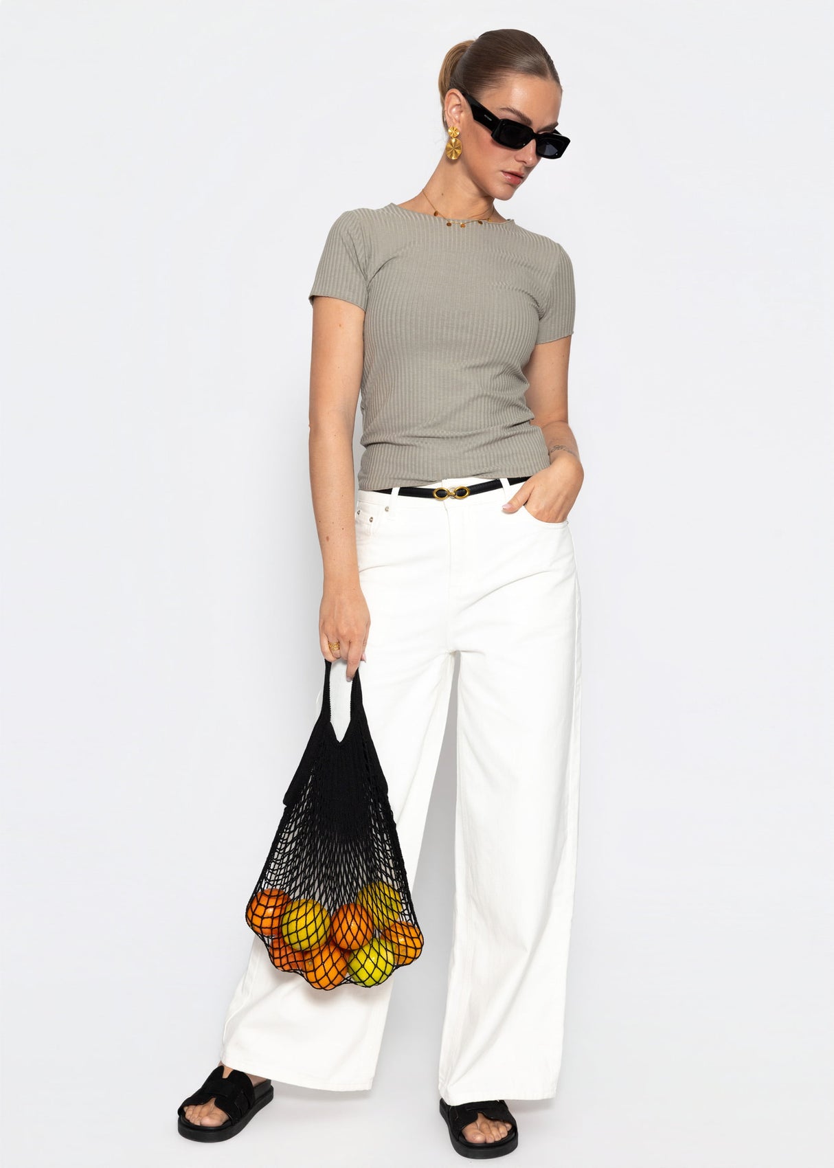 Highwaist Baumwoll-Hose mit weitem Bein - offwhite