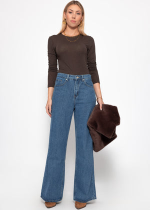 High-waisted jeans with diagonal zipper - blue