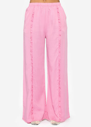 Pants with a wide leg and rüsch details - pink