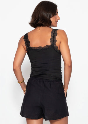 Jersey Top mit Spitze und V-Ausschnitt - schwarz