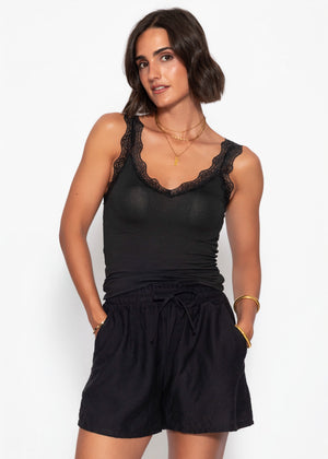 Jersey Top mit Spitze und V-Ausschnitt - schwarz