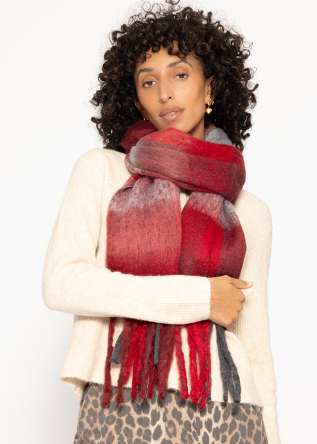 Karierter flauschiger Schal mit Fransen - rot