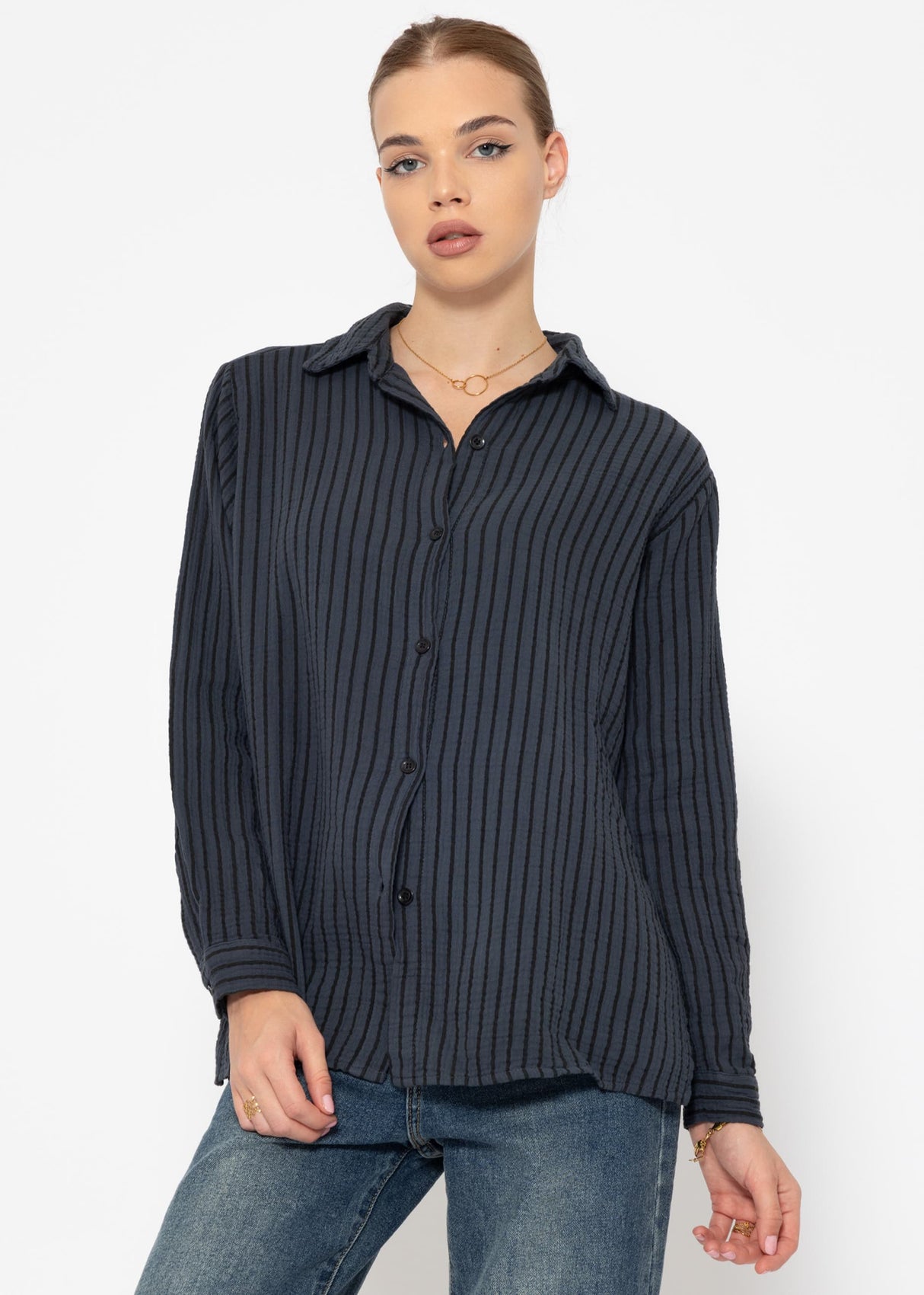 Classic-cut blouse in muslin with stripes - anthracite