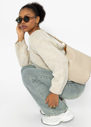 Classic V-neck knitted sweater with panel - beige