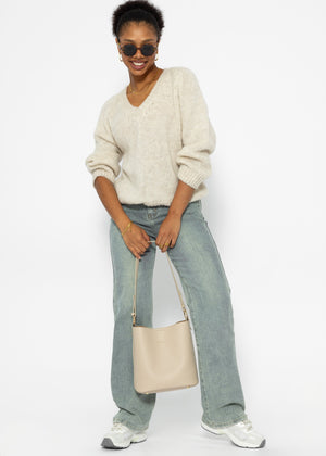 Classic V-neck knitted sweater with panel - beige