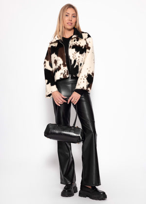 Faux fur jacket with cow print - off-white