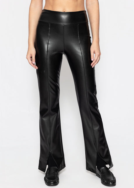 Kunstleder Thermo Leggings mit Teilungsnähten und Saumschlitz - schwarz