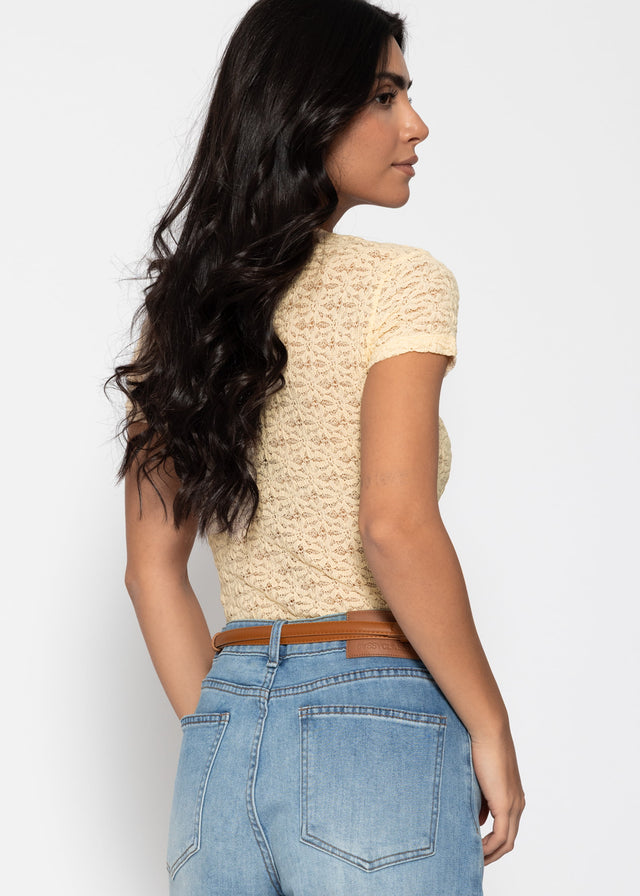 Short-sleeved floral lace bodysuit - yellow