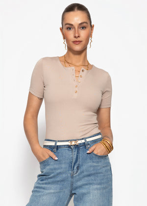 Kurzarm Body mit Knopfleiste - beige