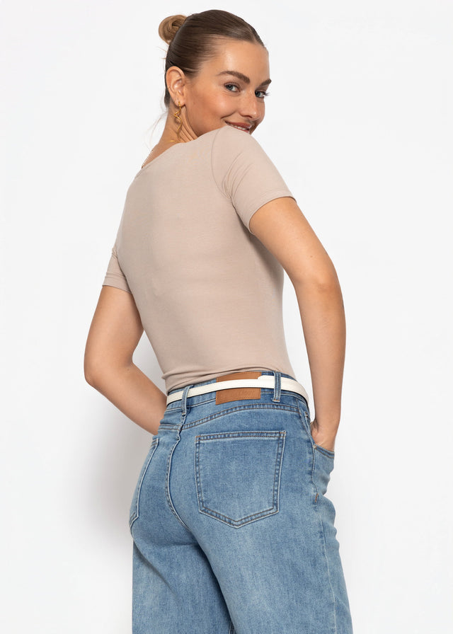 Short-sleeved bodysuit with button placket - beige