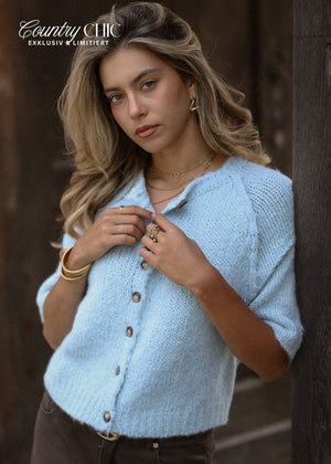 Kurzarm Cardigan mit Außennähten - hellblau