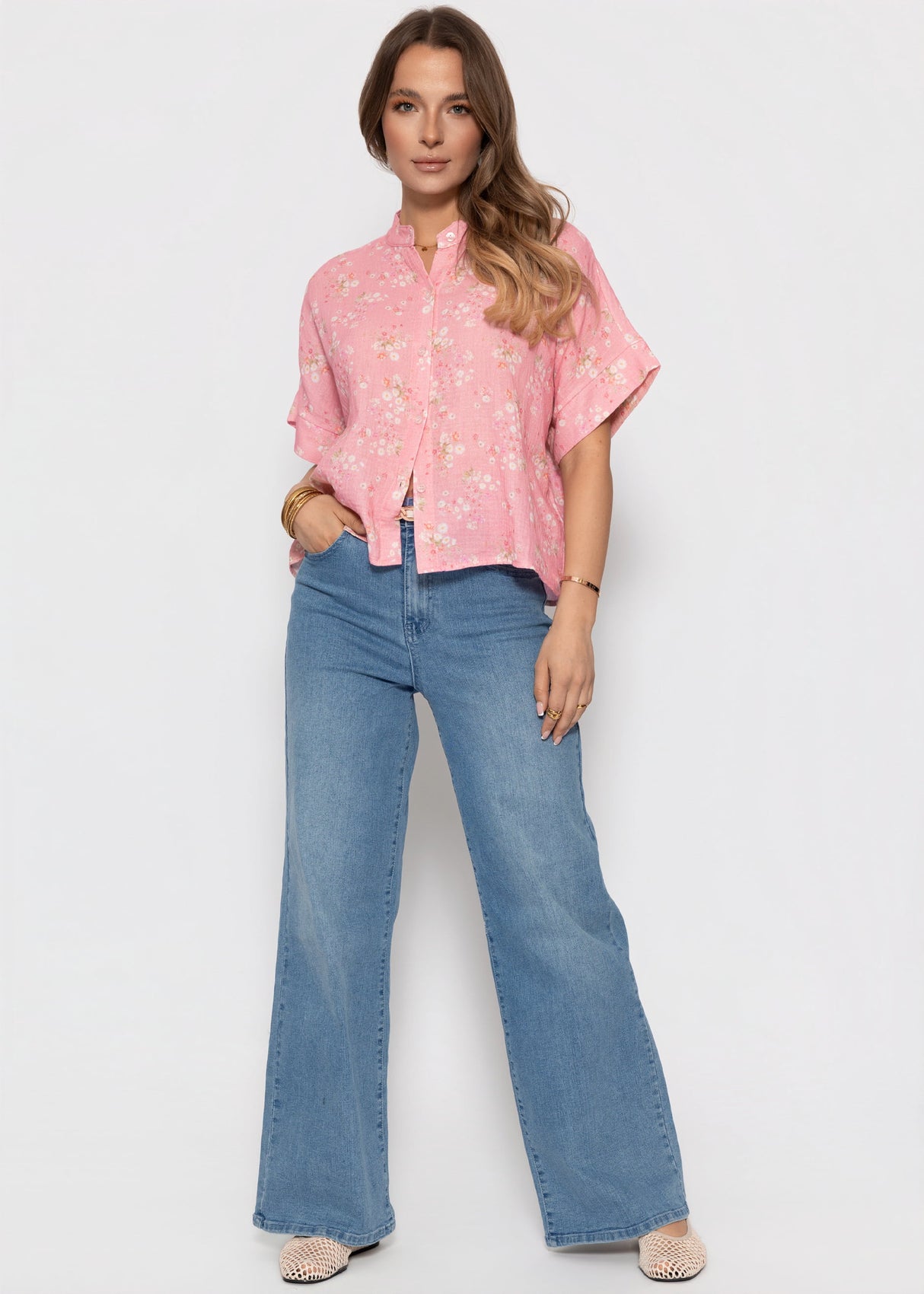 Kurzarm Musselin Bluse mit Blumenprint - rosa